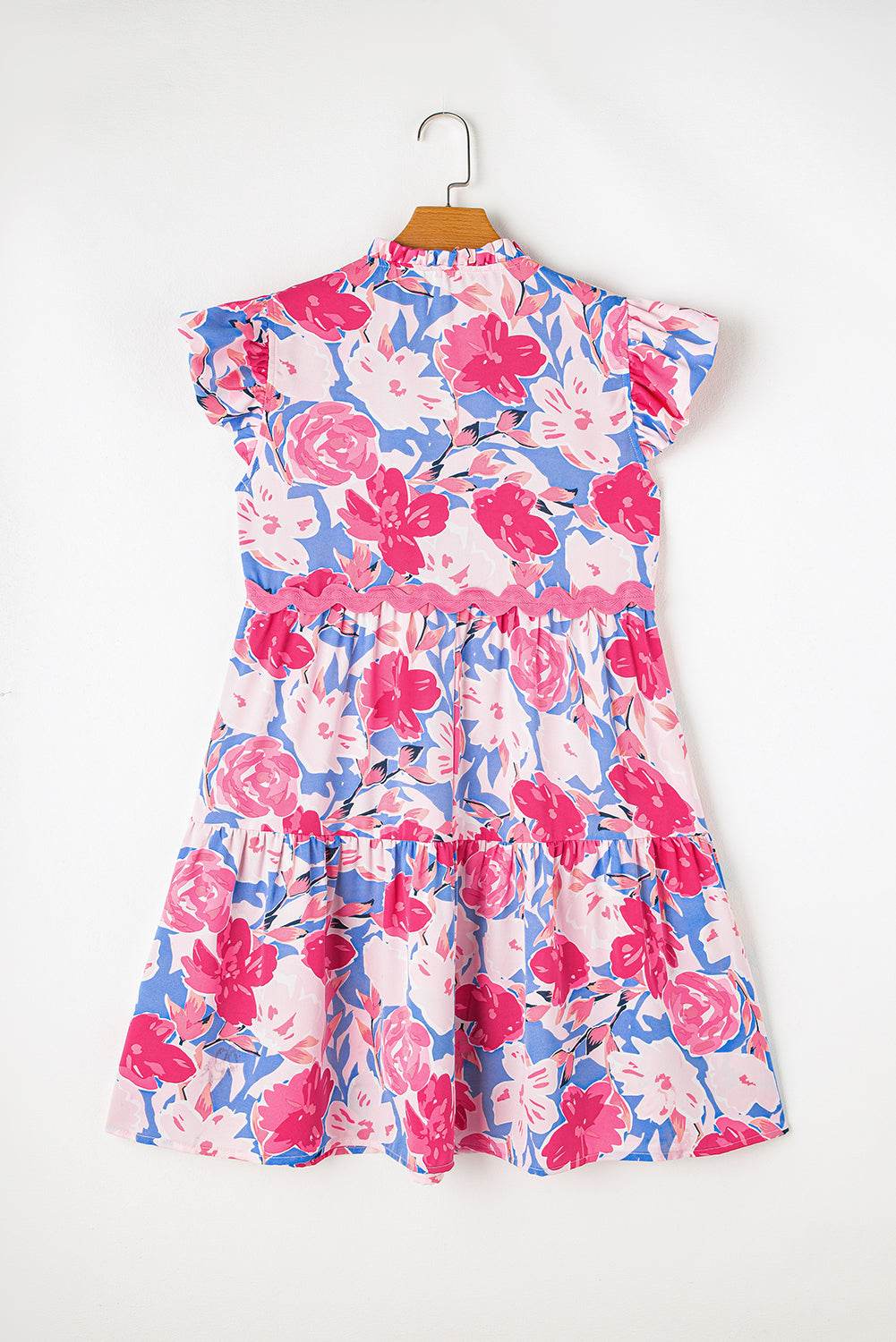 Pink Floral Printed V Notched Ric Rac Flutter Short Dress