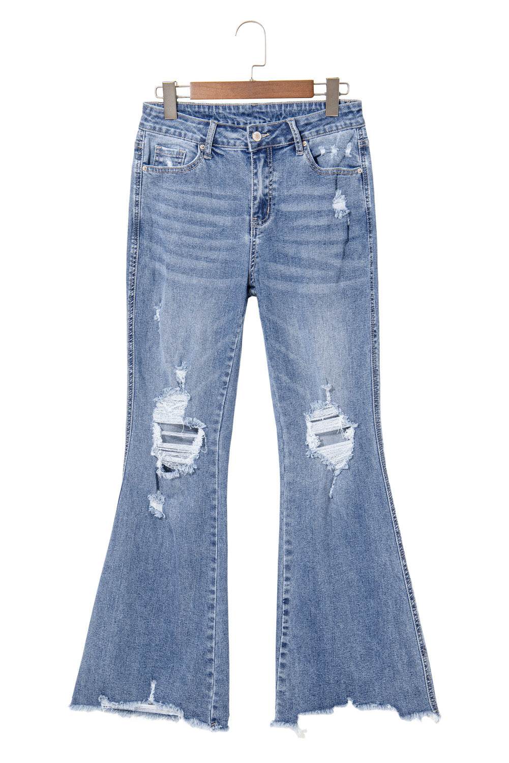 Women's Blue High Rise Ripped Distressed Hem Flared Jeans