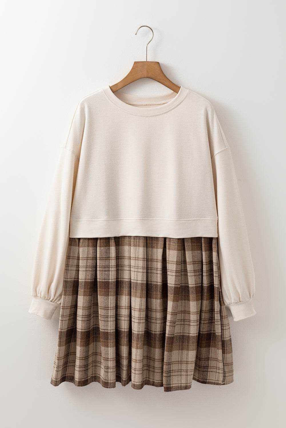 Trendy Beige Plaid High Waist Mini Dress Stylish Sweatshirt Look