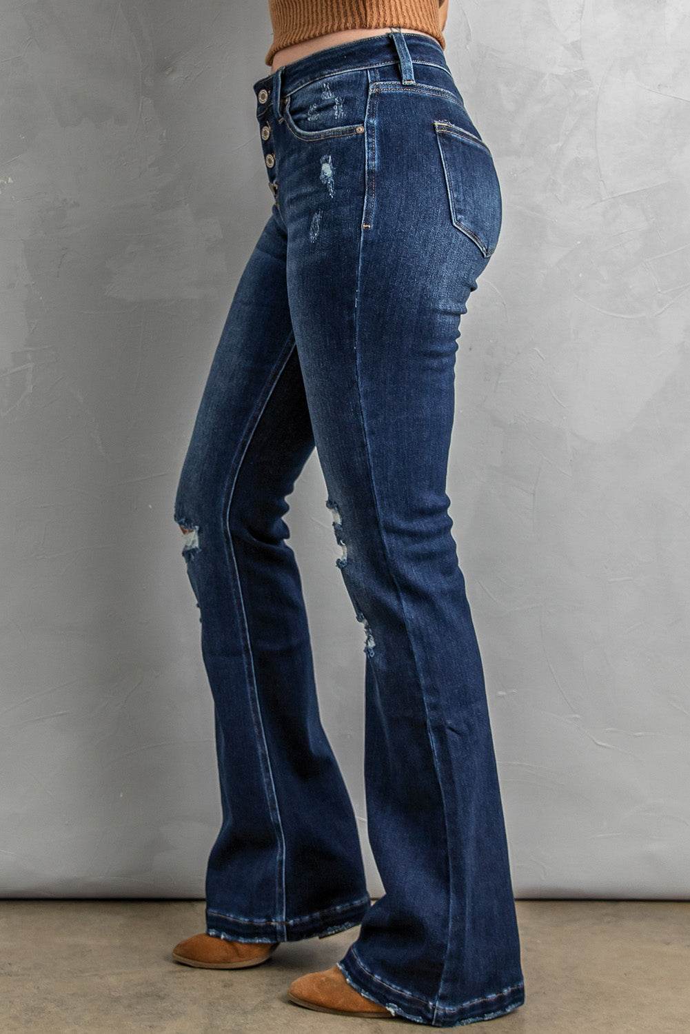 Upgrade Your Style with Dark Blue Washed Distressed Flare Jeans