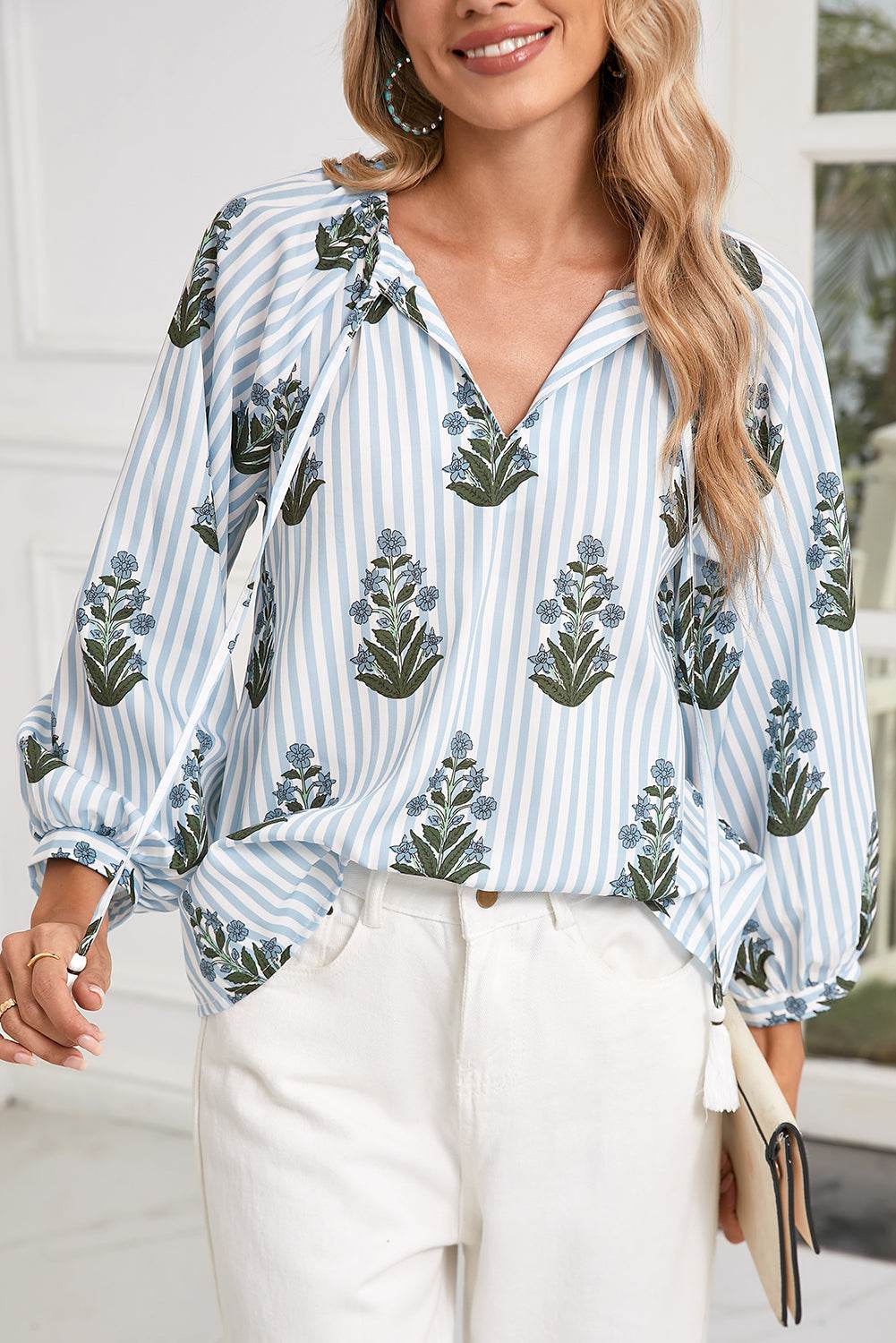 Stylish Beau Blue Floral Blouse Long Sleeves & Tie V Neck