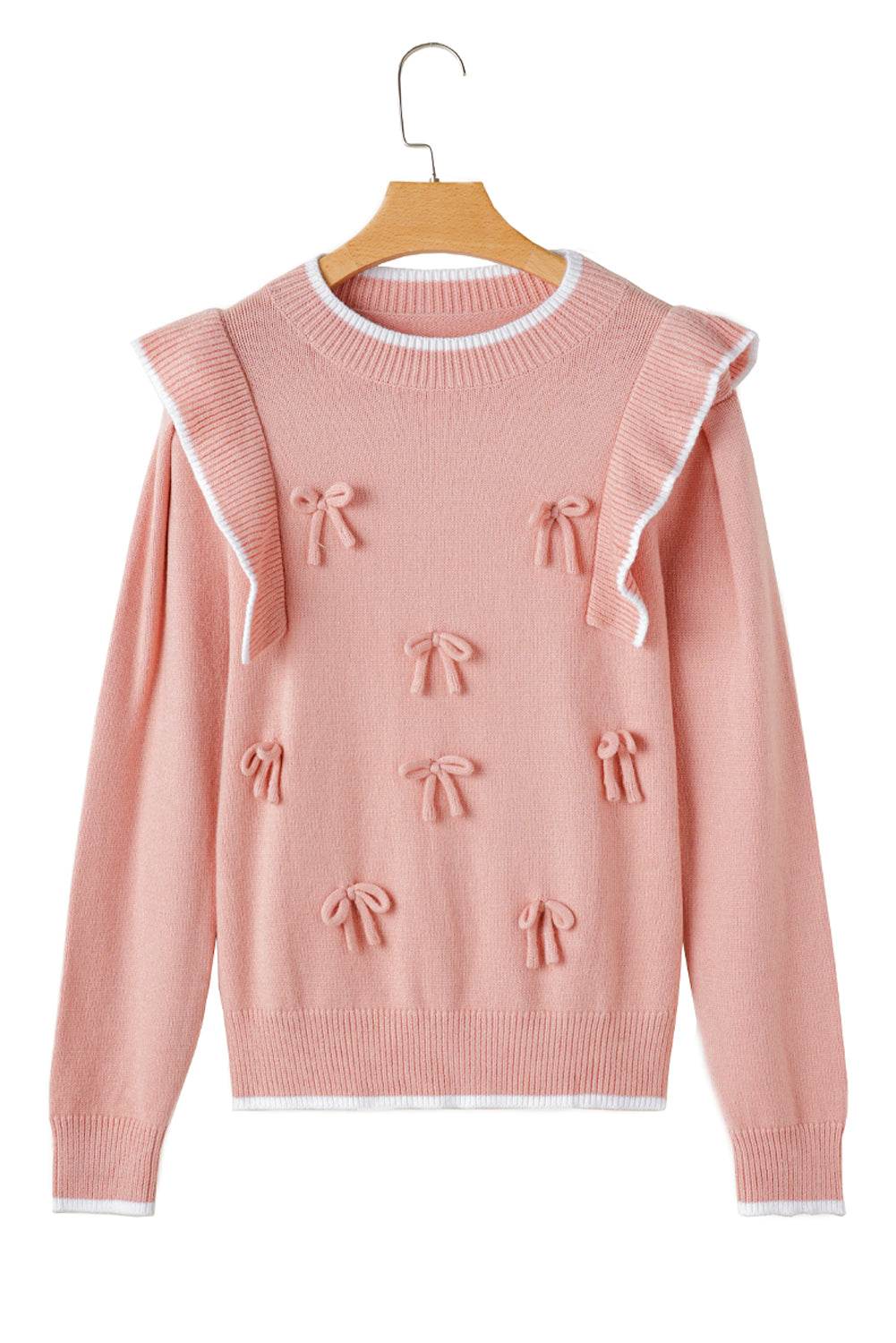 Women's Light Pink Bow Detail Contrast Trim Ruffle Sweater Outfit