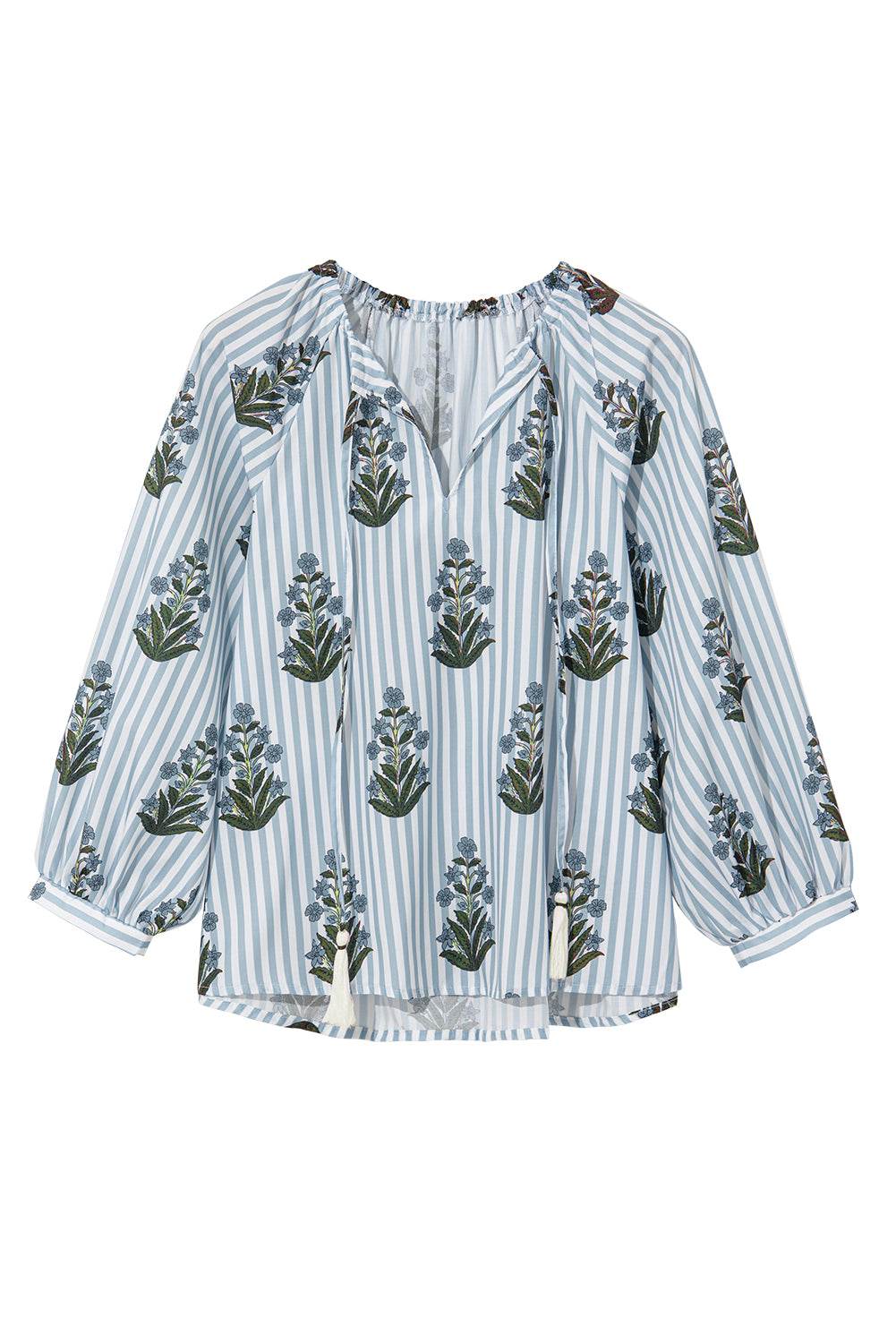 Stylish Beau Blue Floral Blouse Long Sleeves & Tie V Neck