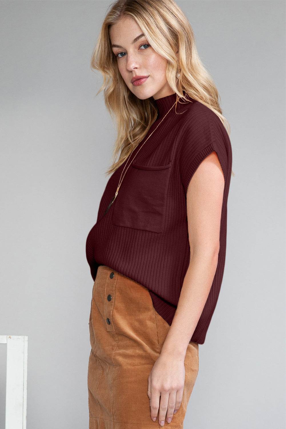 Women's Black Patch Pocket Ribbed Knit Short Sleeve Sweater