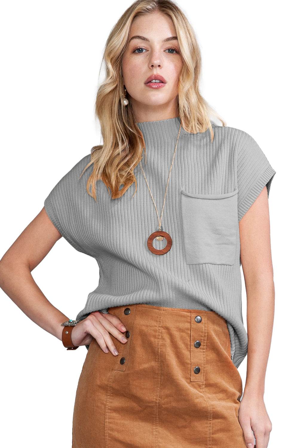 Women's Black Patch Pocket Ribbed Knit Short Sleeve Sweater