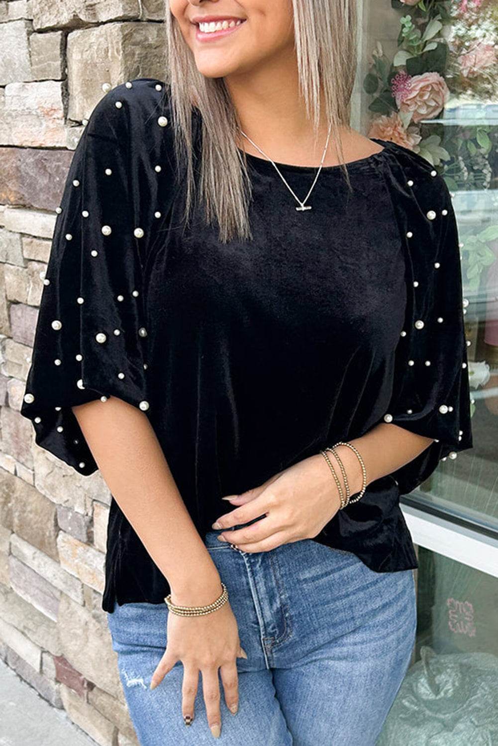 Trendy Black Velvet Top Beaded Pearls & Half Sleeves Elegance