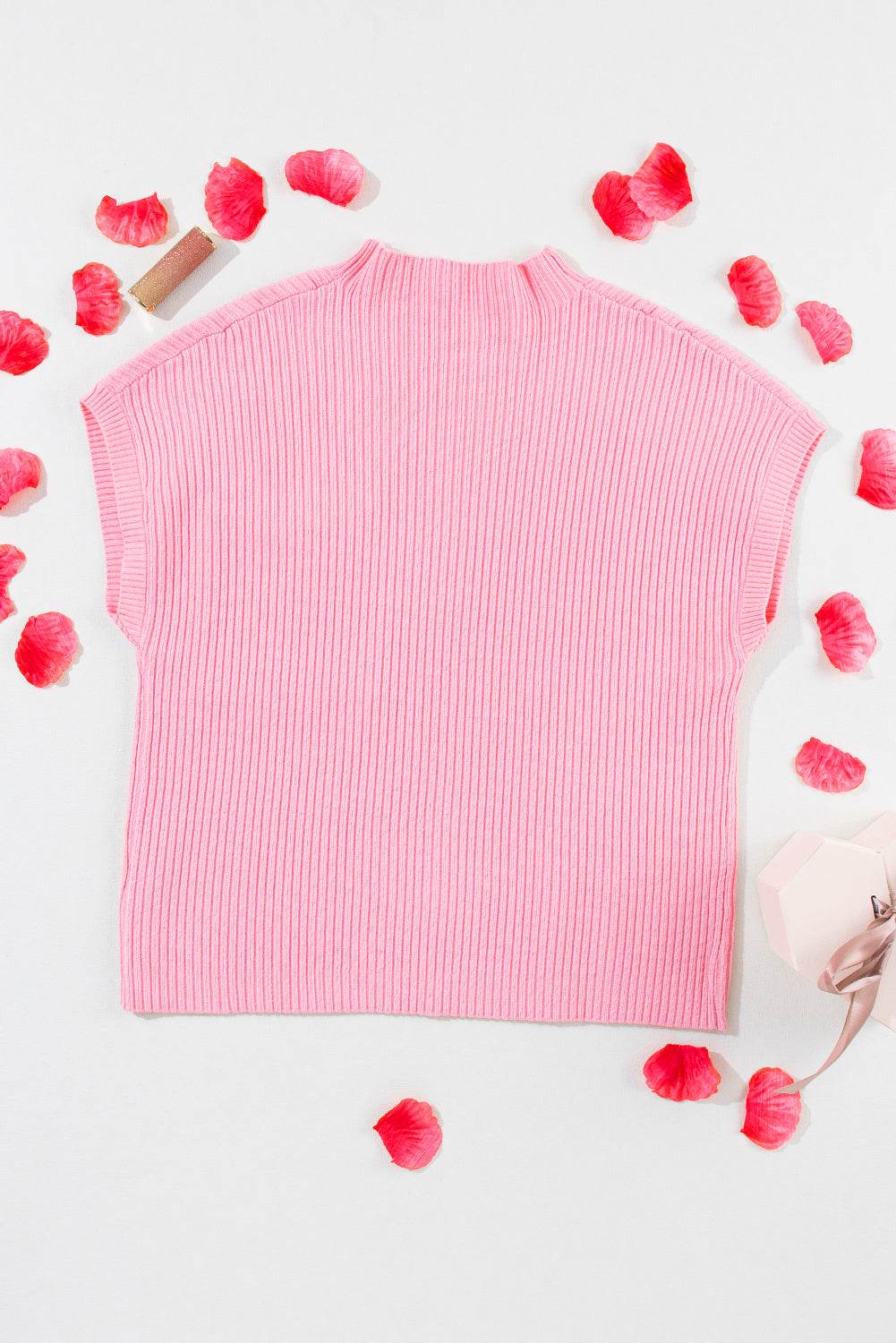 Women's Black Patch Pocket Ribbed Knit Short Sleeve Sweater