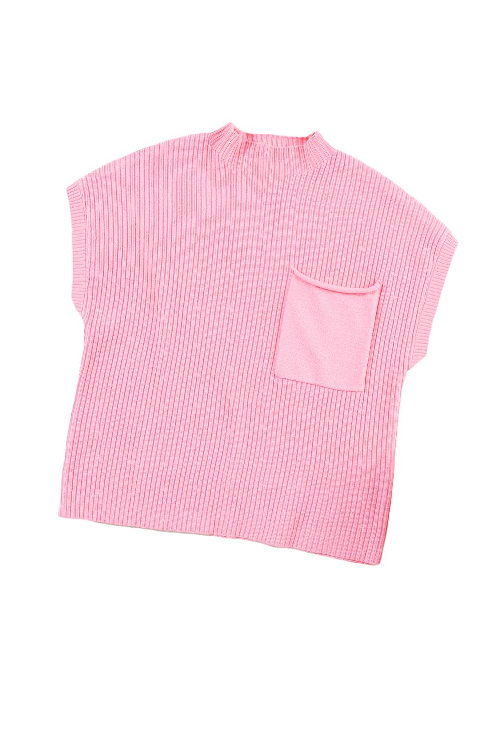 Women's Black Patch Pocket Ribbed Knit Short Sleeve Sweater