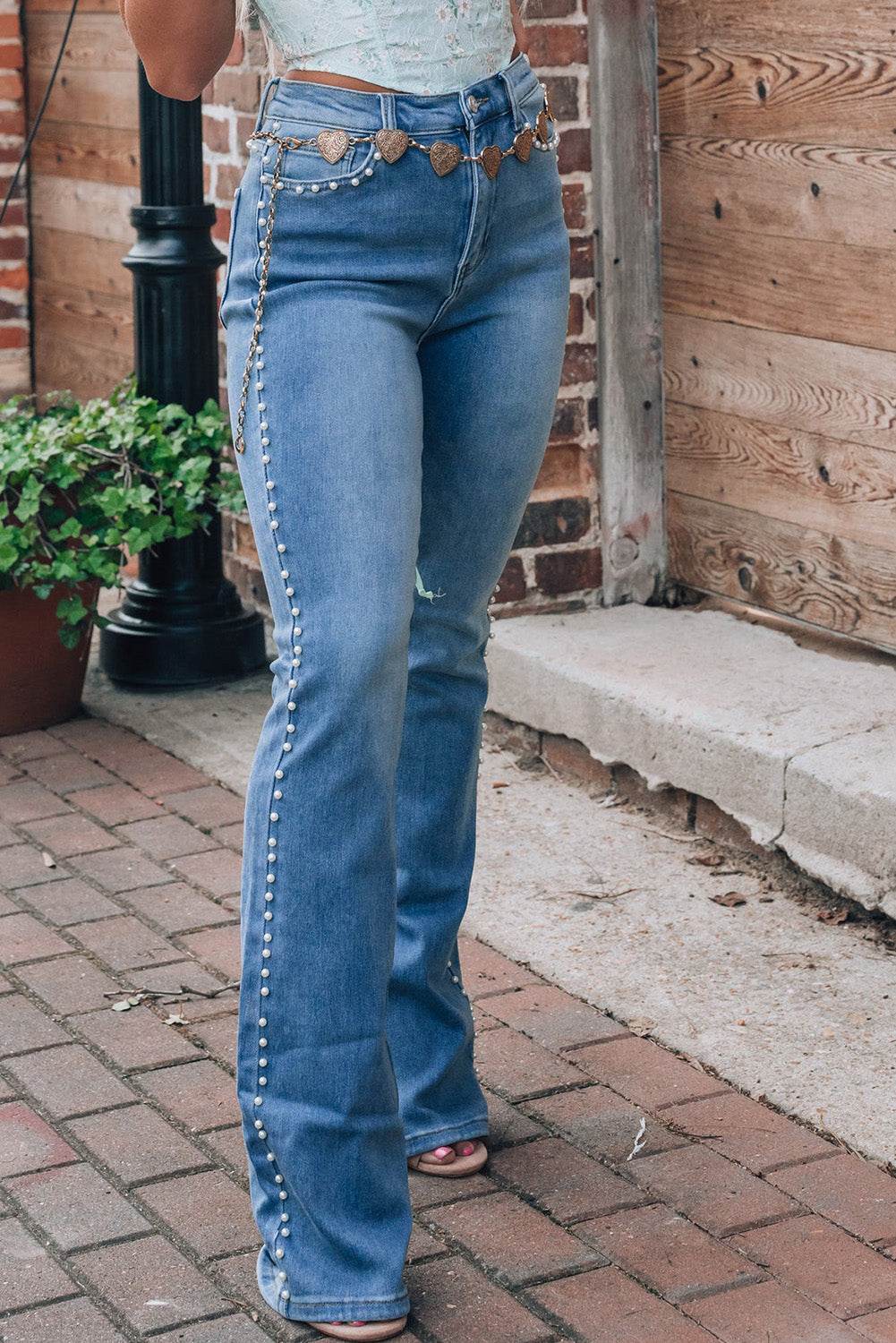 Trending Dusk Blue Flared Jeans High Waist & Pearl Details