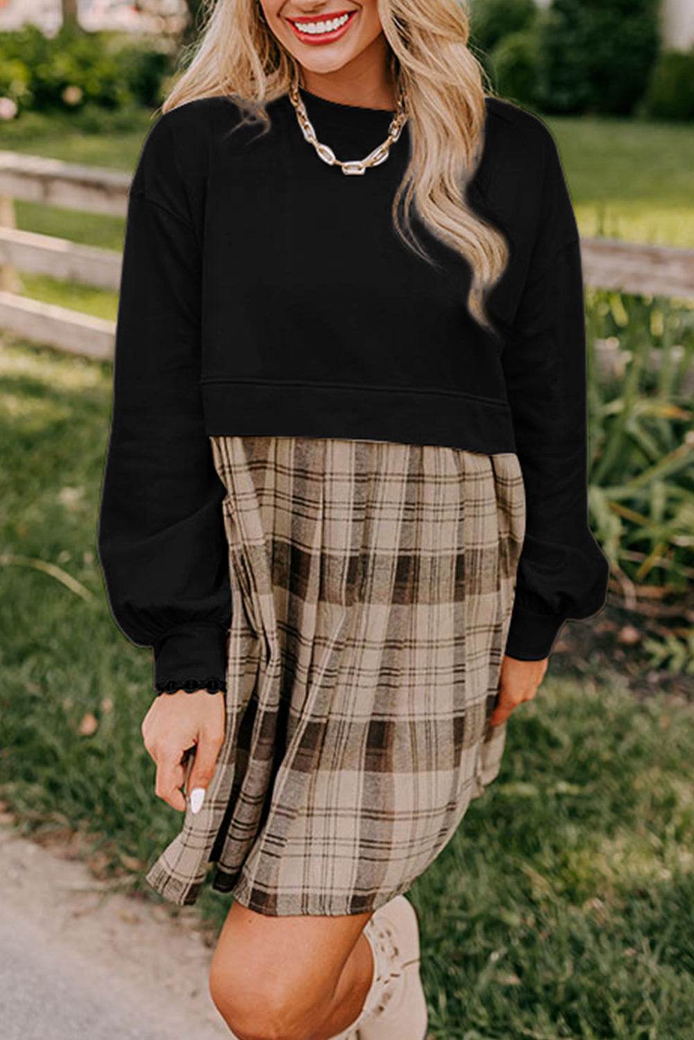 Trendy Beige Plaid High Waist Mini Dress Stylish Sweatshirt Look