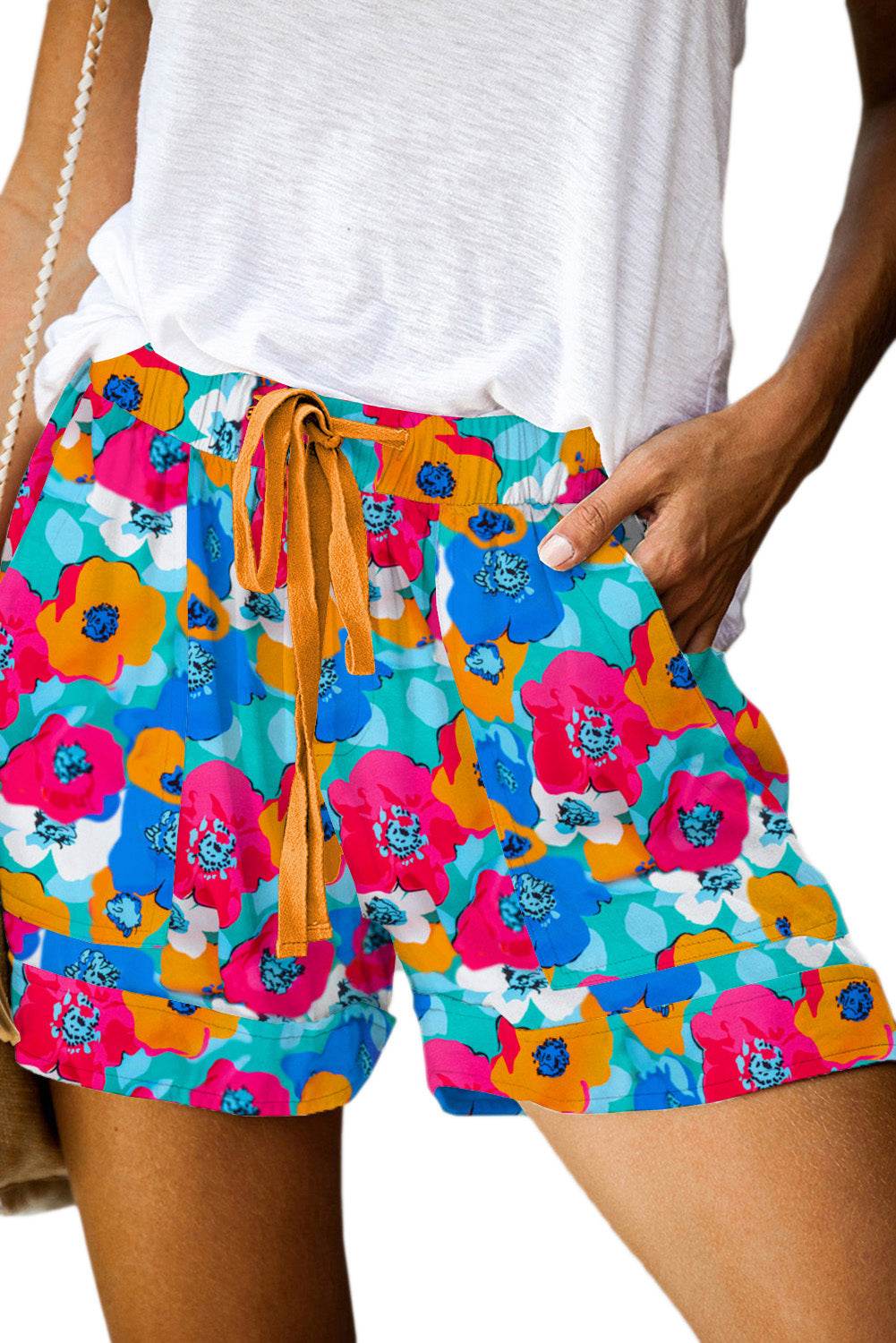 Stylish Multicolor Floral Print Drawstring Waist Shorts For Women