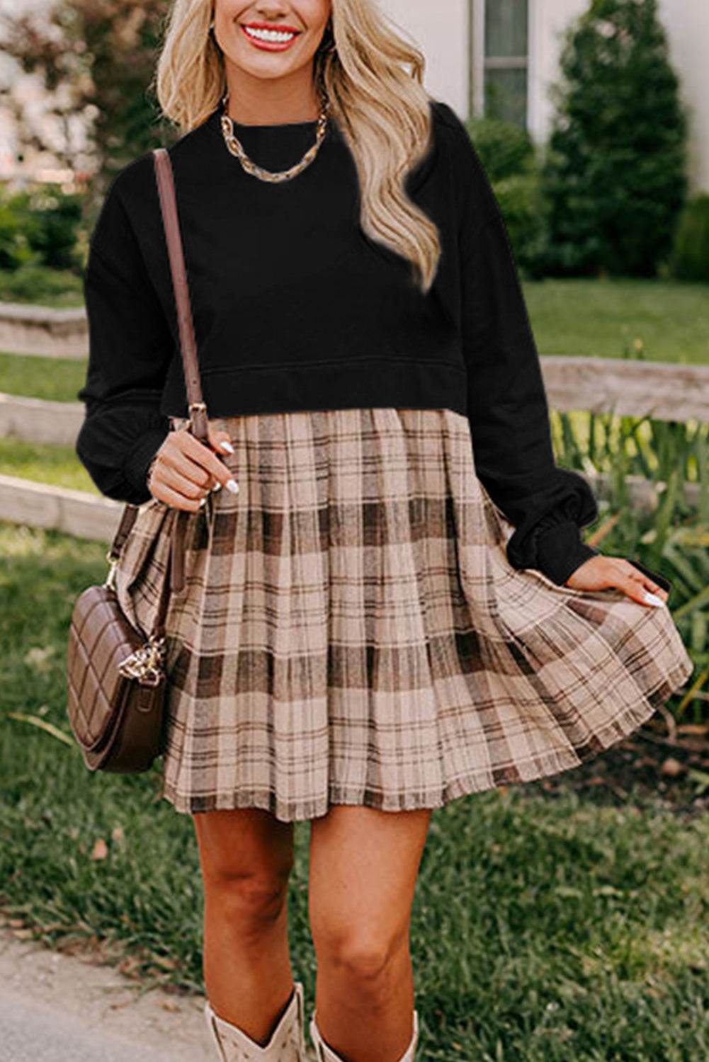 Trendy Beige Plaid High Waist Mini Dress Stylish Sweatshirt Look