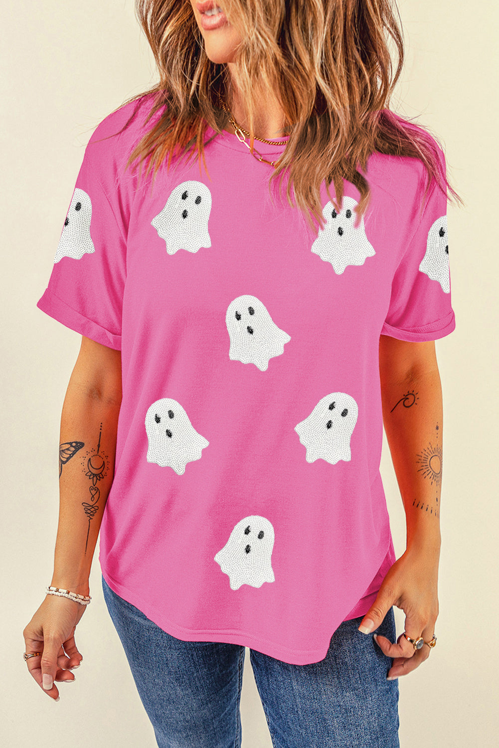 Black Halloween Ghost Sequins Patch Casual T Shirt