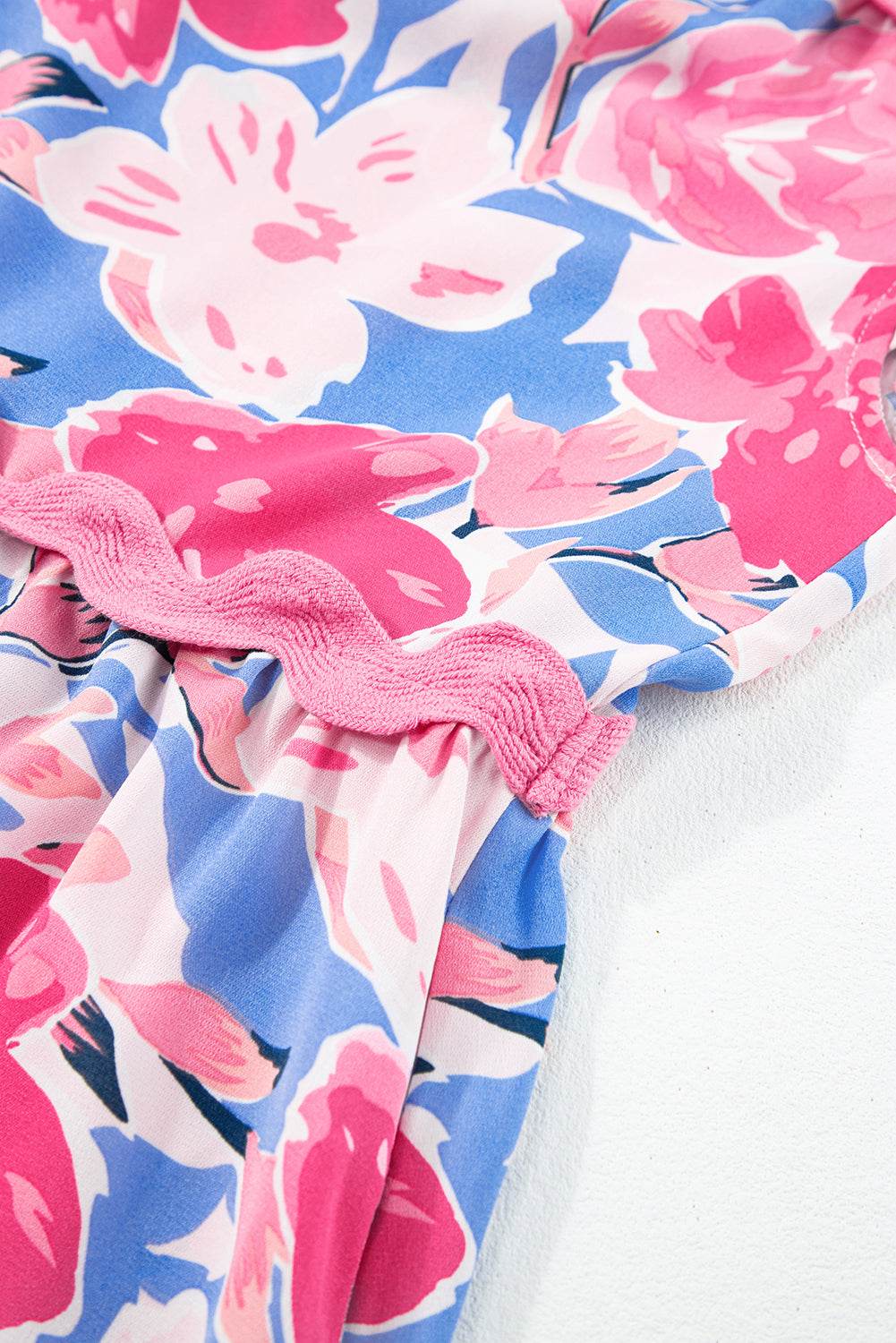 Pink Floral Printed V Notched Ric Rac Flutter Short Dress