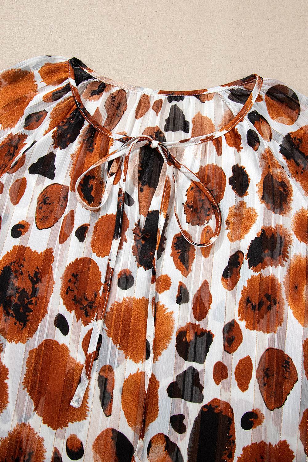 Stylish Brown Abstract Blouse Ruffle 3 4 Sleeve Tie Neck Chic
