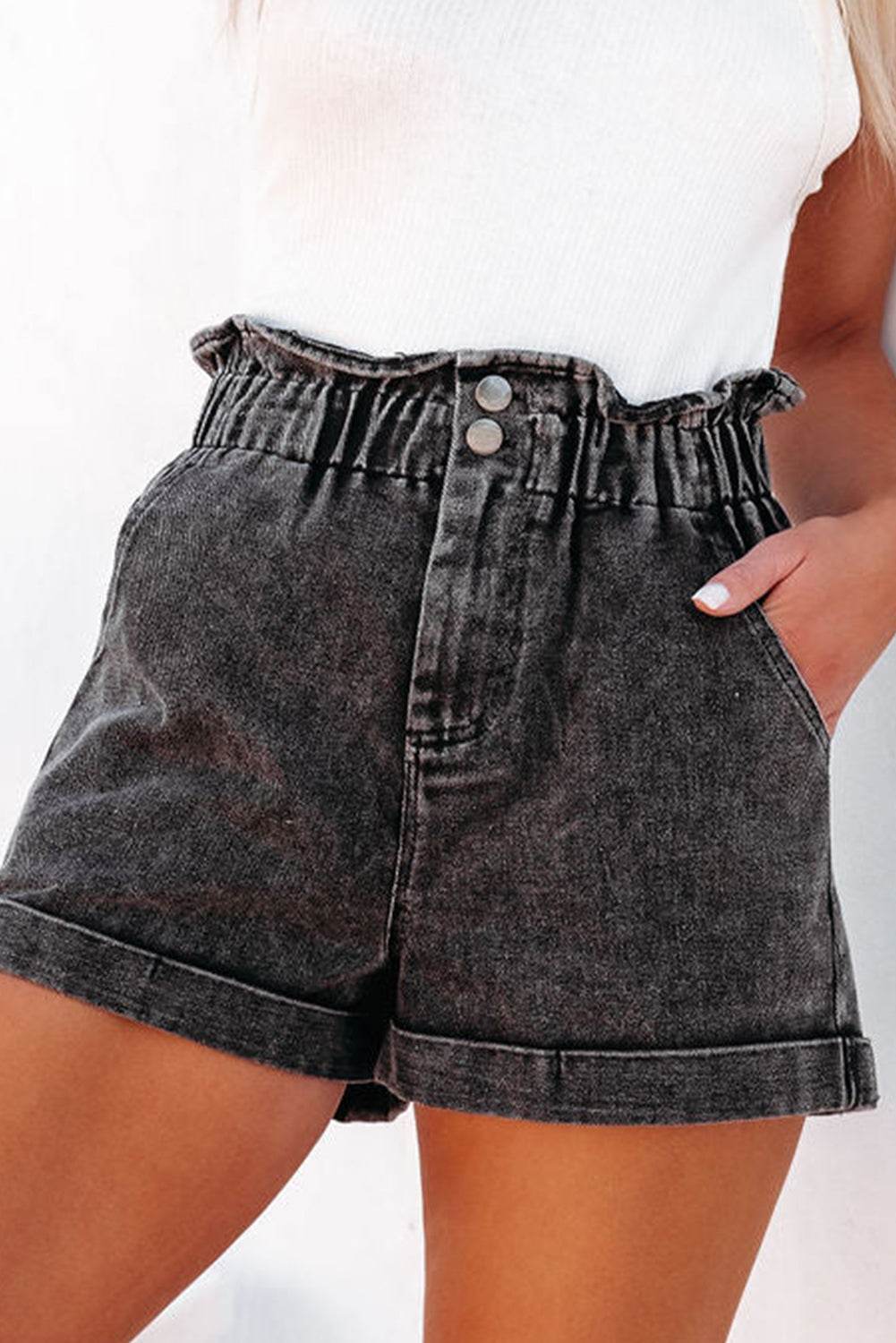 Trendy Stylish Vintage Washed Frilled High Waist Denim Shorts