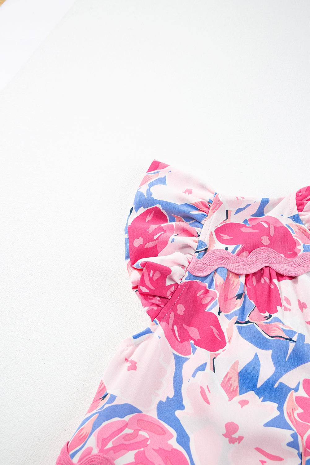 Pink Floral Printed V Notched Ric Rac Flutter Short Dress