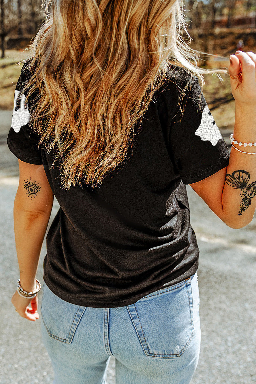 Black Halloween Ghost Sequins Patch Casual T Shirt