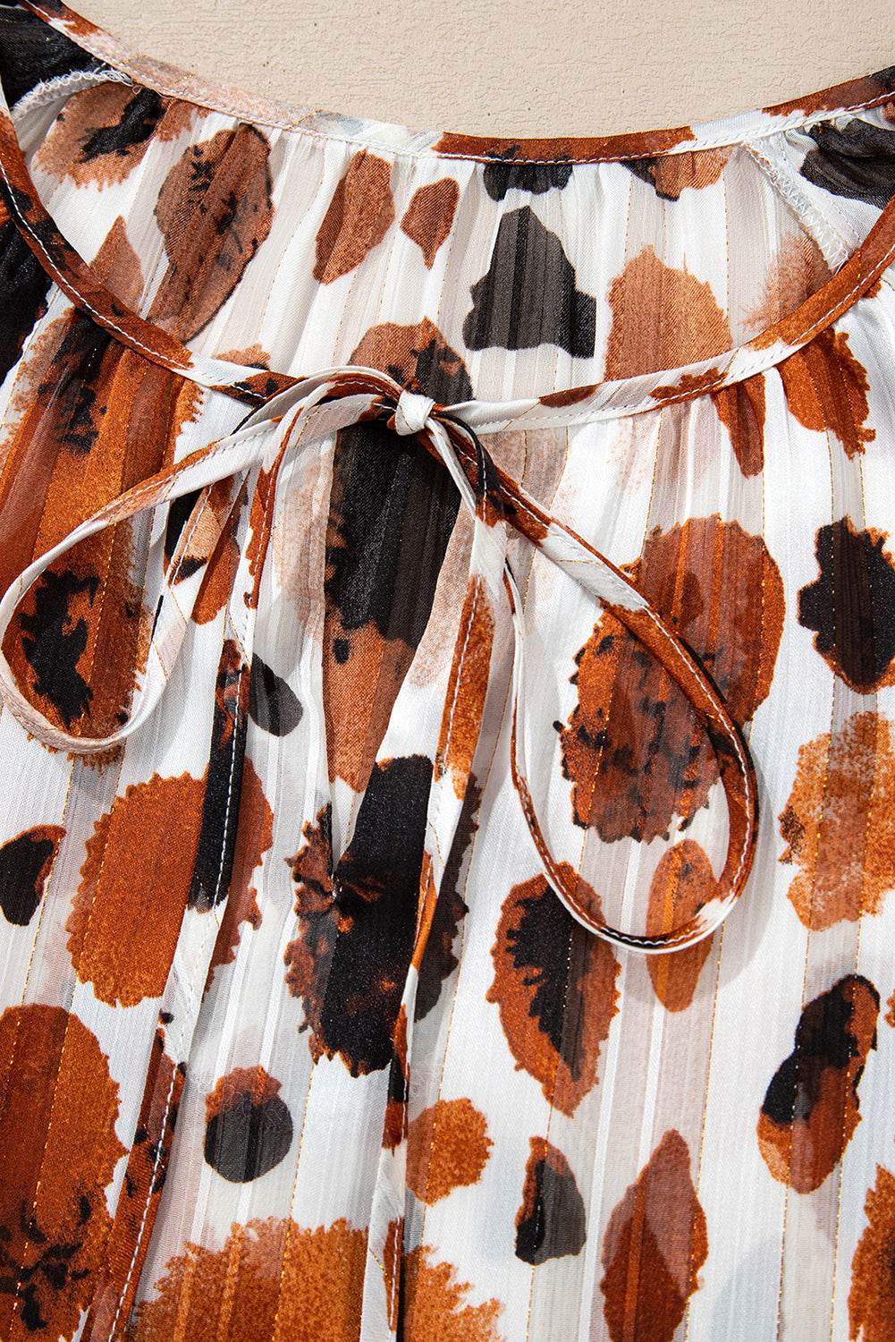 Stylish Brown Abstract Blouse Ruffle 3 4 Sleeve Tie Neck Chic