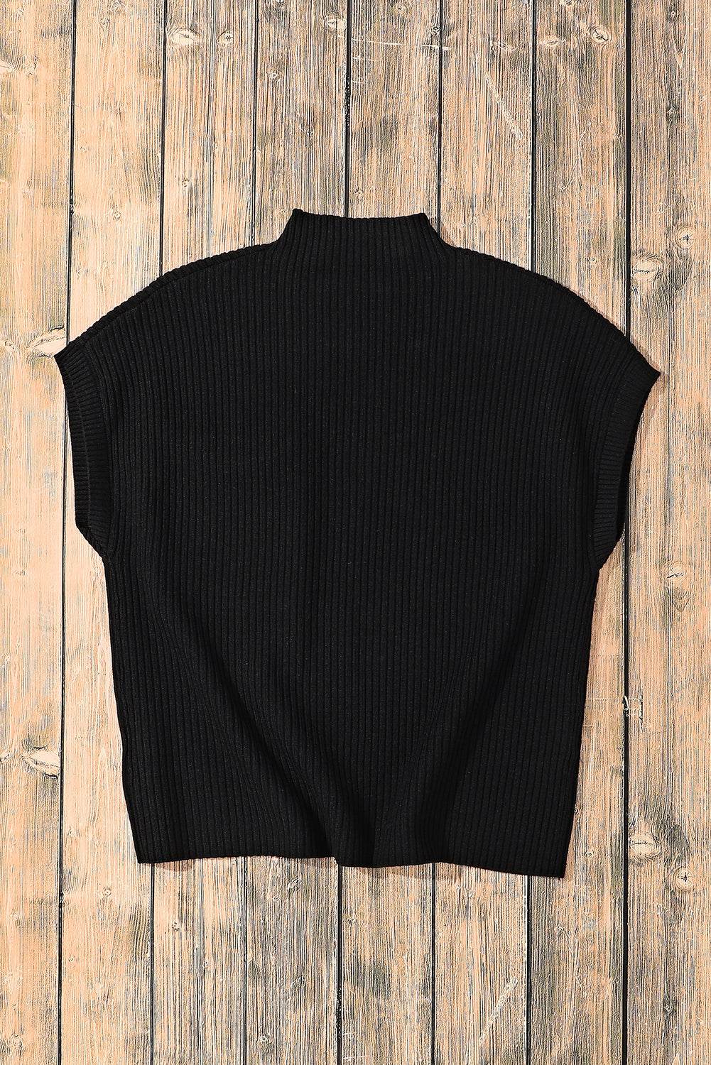 Women's Black Patch Pocket Ribbed Knit Short Sleeve Sweater