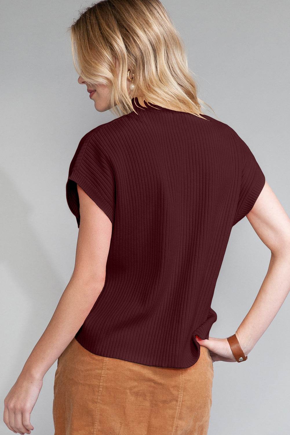 Women's Black Patch Pocket Ribbed Knit Short Sleeve Sweater