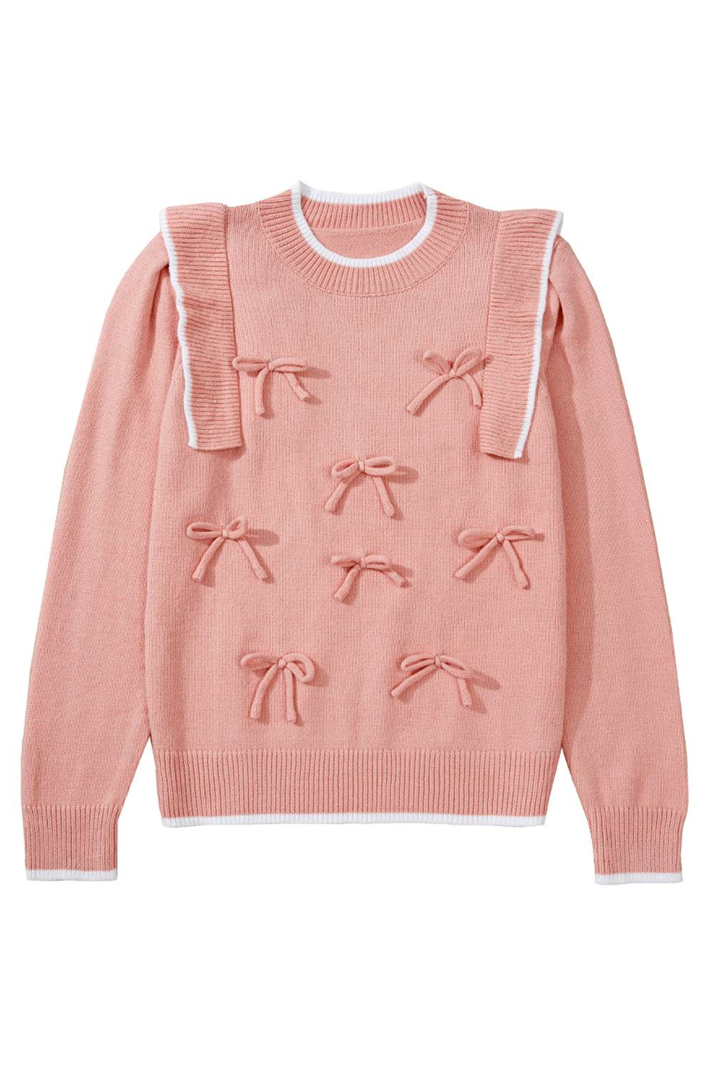 Women's Light Pink Bow Detail Contrast Trim Ruffle Sweater Outfit