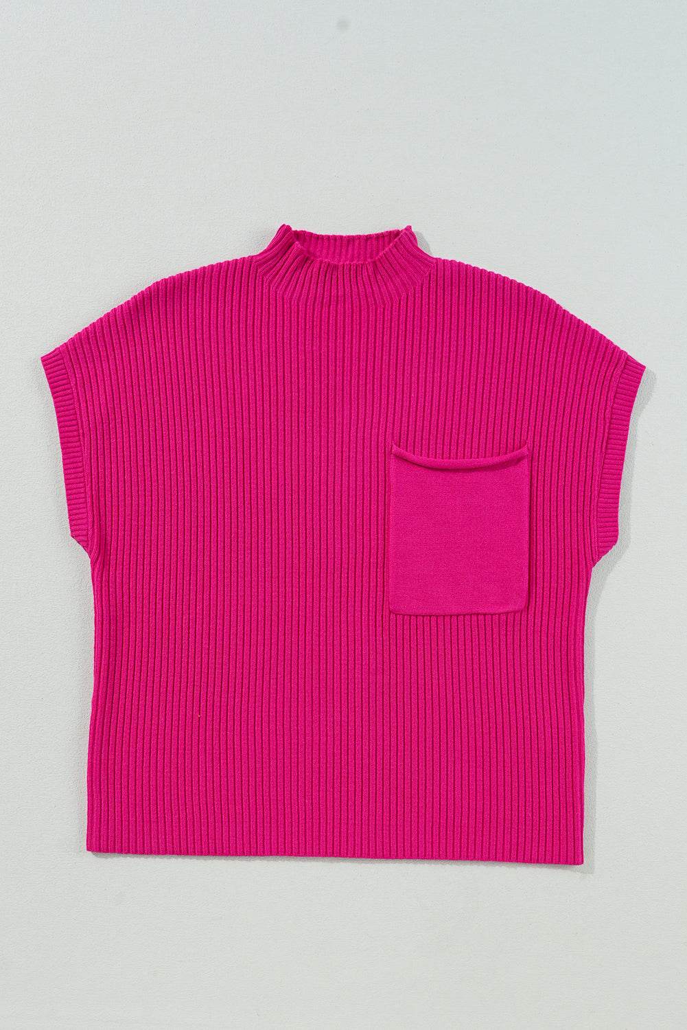 Women's Black Patch Pocket Ribbed Knit Short Sleeve Sweater