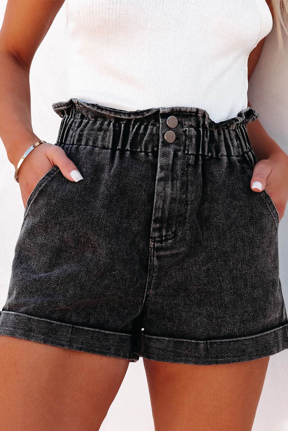Trendy Stylish Vintage Washed Frilled High Waist Denim Shorts