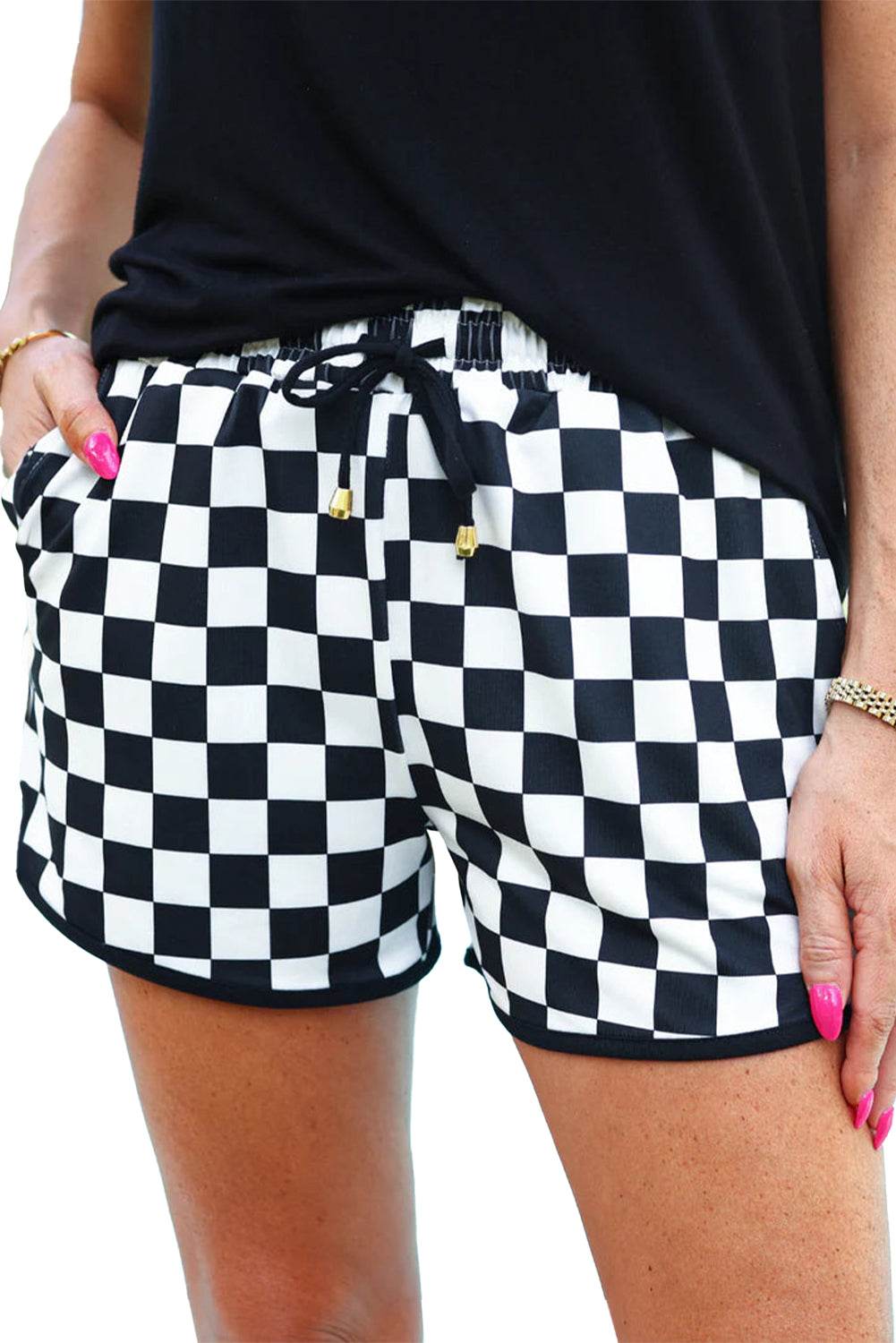 Trendy Checkered Drawstring Elastic Waist Casual Shorts