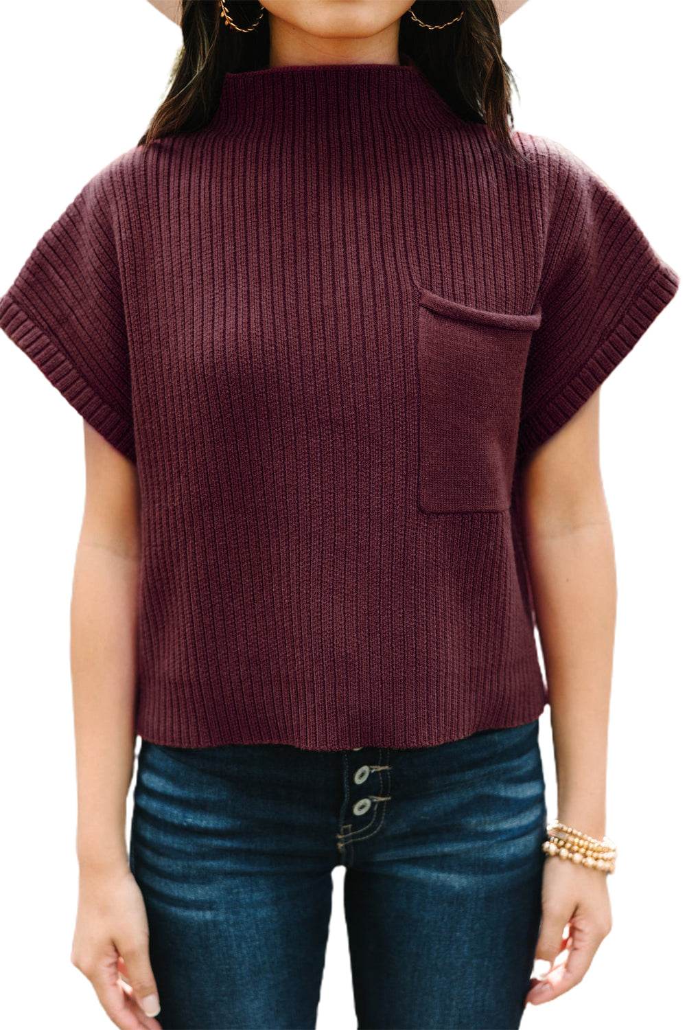 Women's Black Patch Pocket Ribbed Knit Short Sleeve Sweater