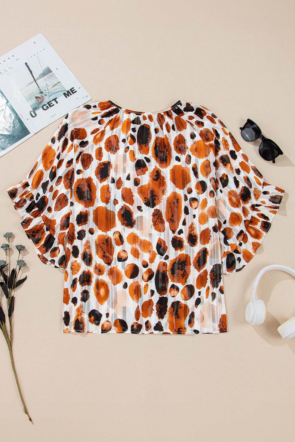 Stylish Brown Abstract Blouse Ruffle 3 4 Sleeve Tie Neck Chic