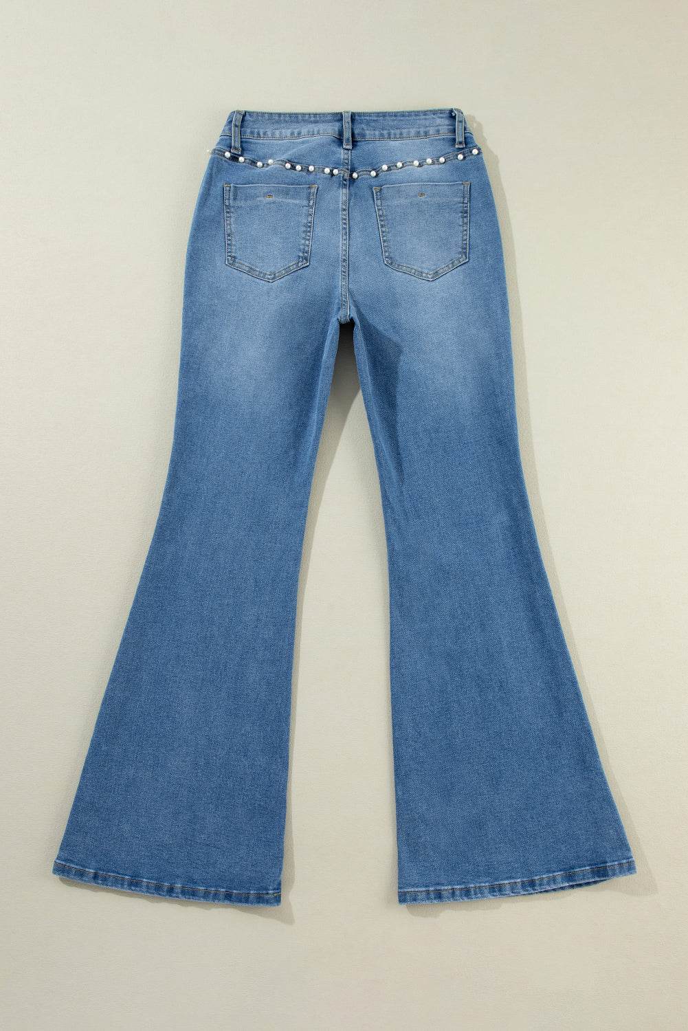 Trending Dusk Blue Flared Jeans High Waist & Pearl Details