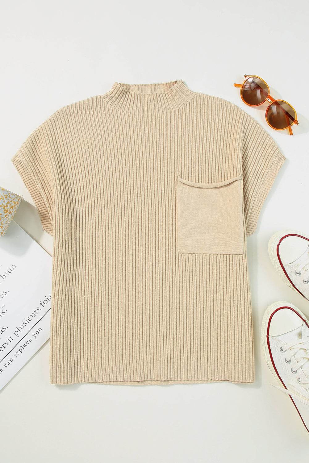 Women's Black Patch Pocket Ribbed Knit Short Sleeve Sweater