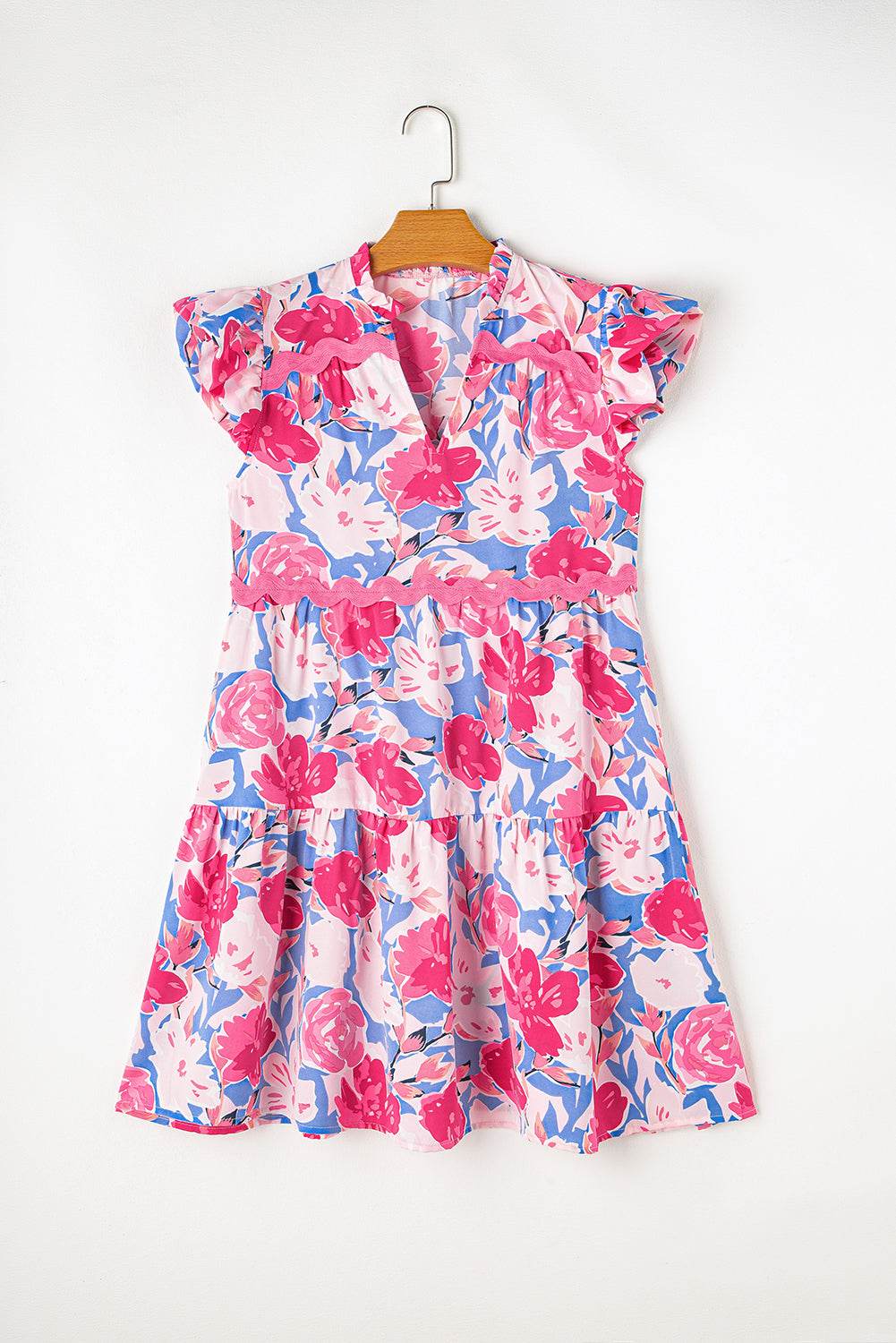 Pink Floral Printed V Notched Ric Rac Flutter Short Dress