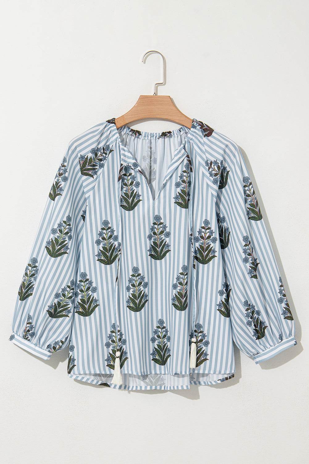 Stylish Beau Blue Floral Blouse Long Sleeves & Tie V Neck