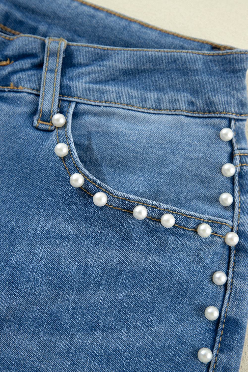 Trending Dusk Blue Flared Jeans High Waist & Pearl Details