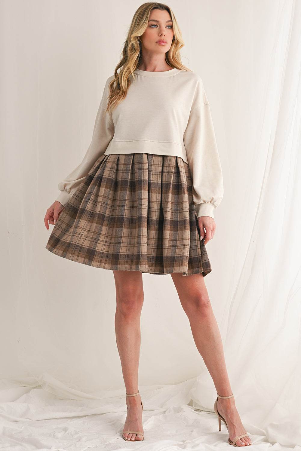 Trendy Beige Plaid High Waist Mini Dress Stylish Sweatshirt Look