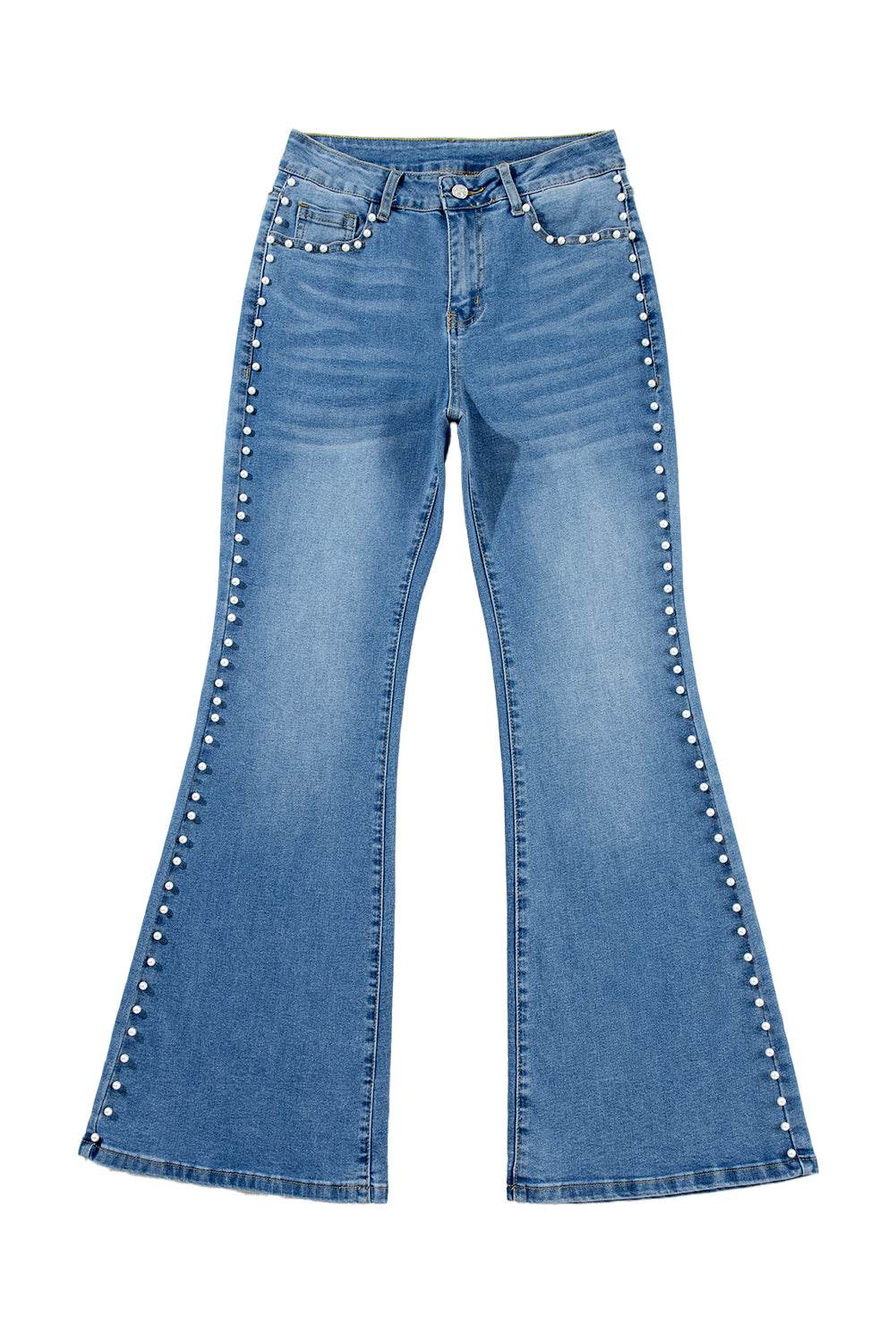 Trending Dusk Blue Flared Jeans High Waist & Pearl Details