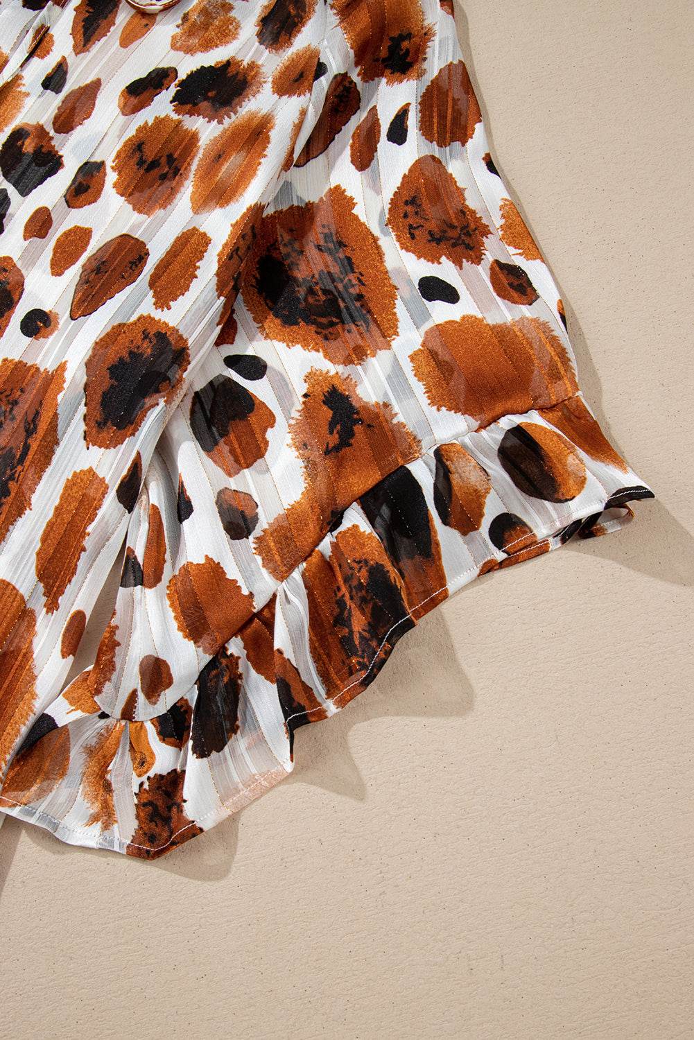 Stylish Brown Abstract Blouse Ruffle 3 4 Sleeve Tie Neck Chic