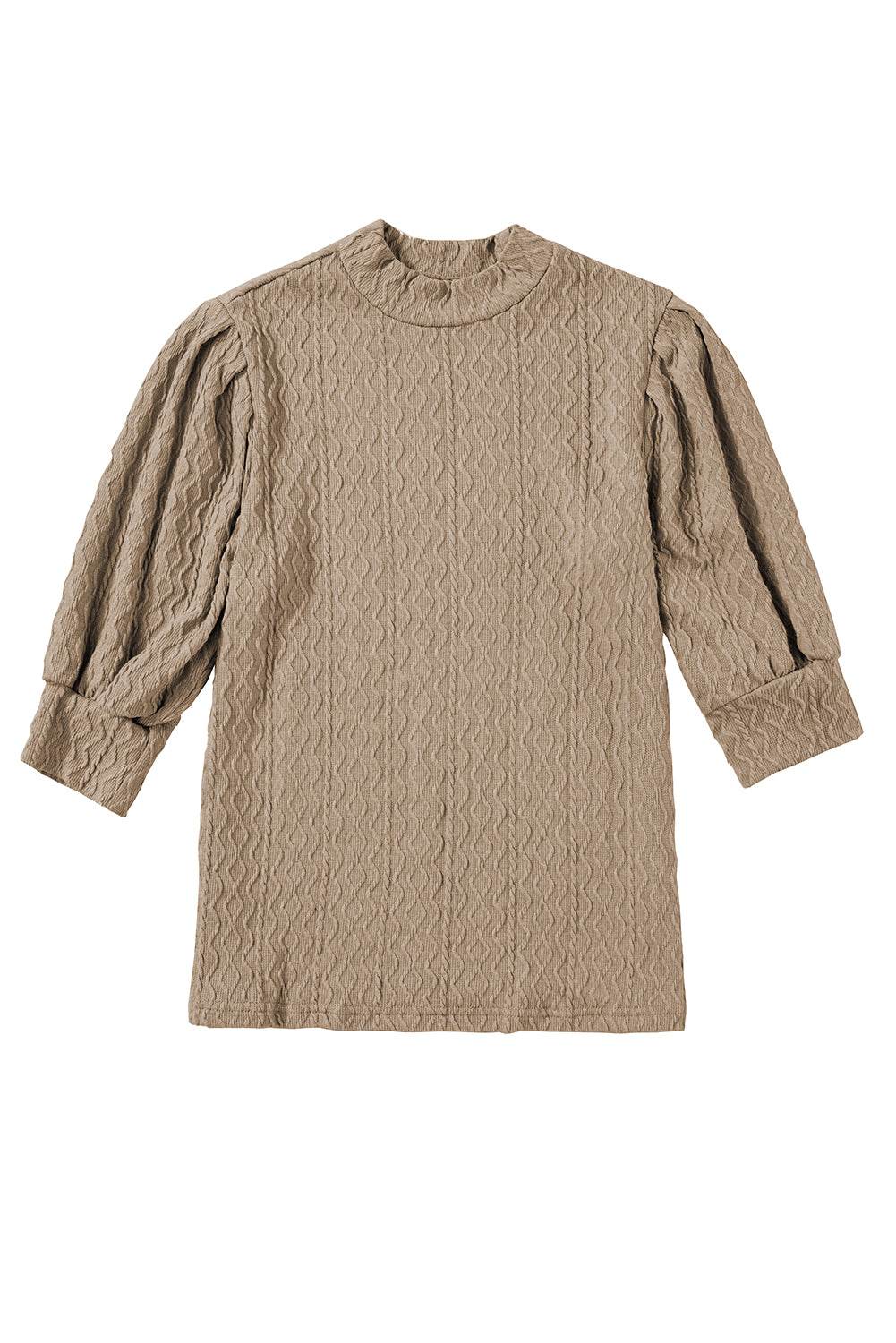 Taupe Ruched Puff Sleeve Top Mock Neck Design for Elegant Style