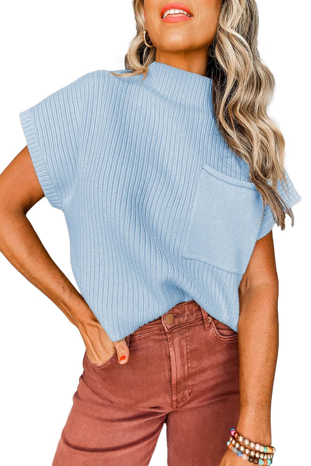 Women's Black Patch Pocket Ribbed Knit Short Sleeve Sweater