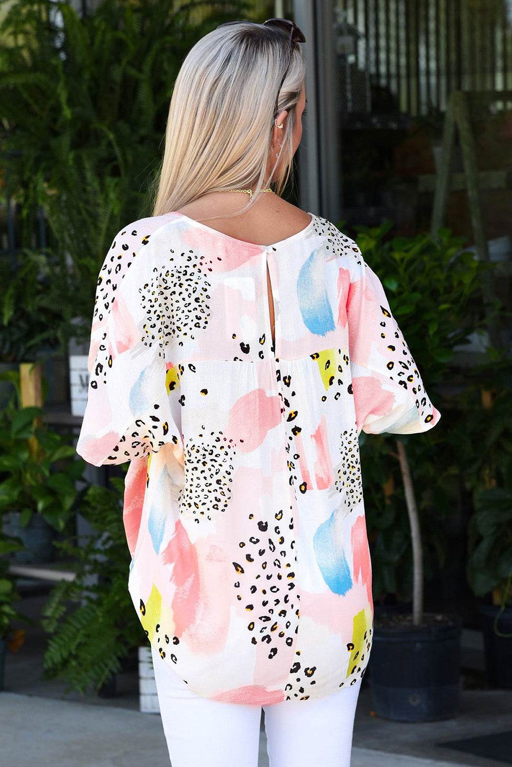 Stylish Tie Dye Blouse White Leopard Print & Keyhole Back Fit