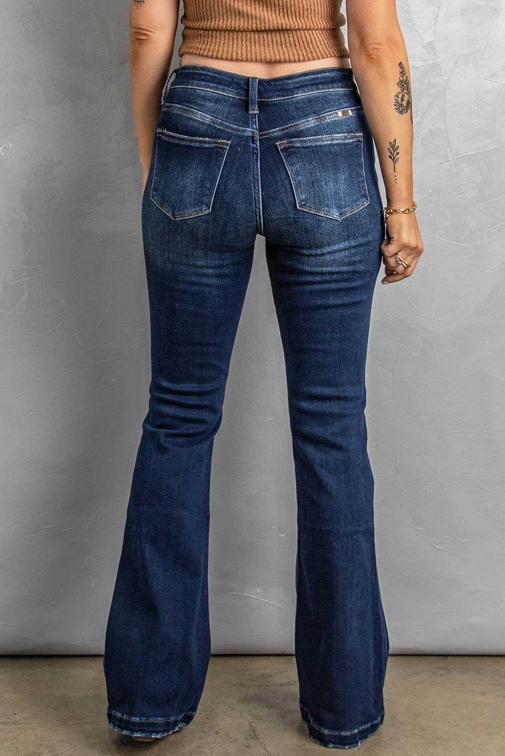 Upgrade Your Style with Dark Blue Washed Distressed Flare Jeans