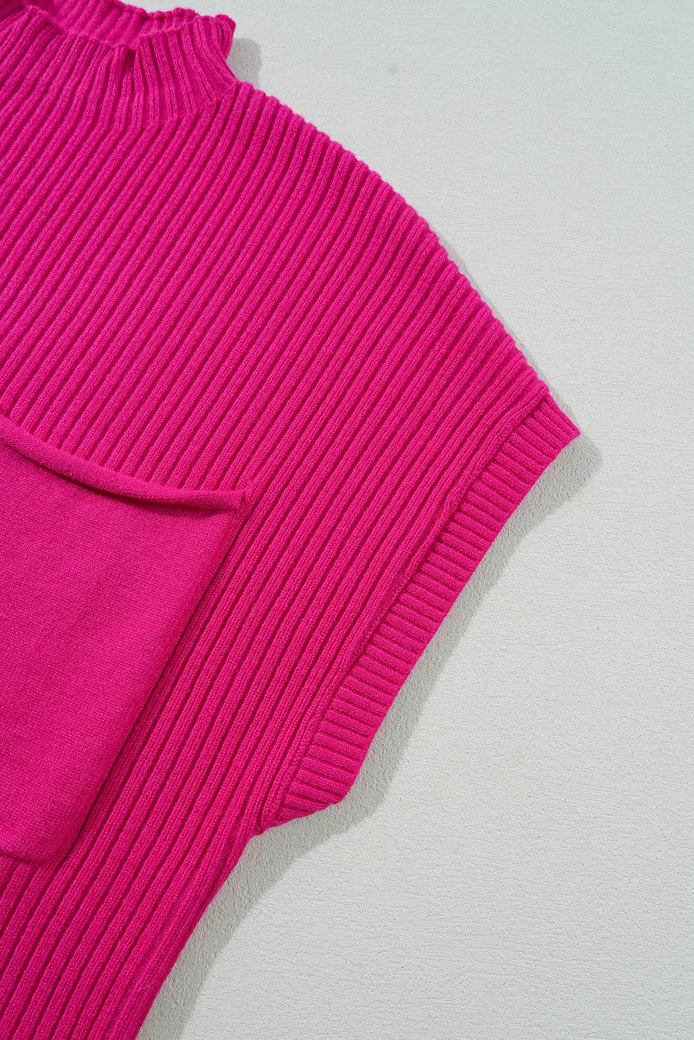 Women's Black Patch Pocket Ribbed Knit Short Sleeve Sweater