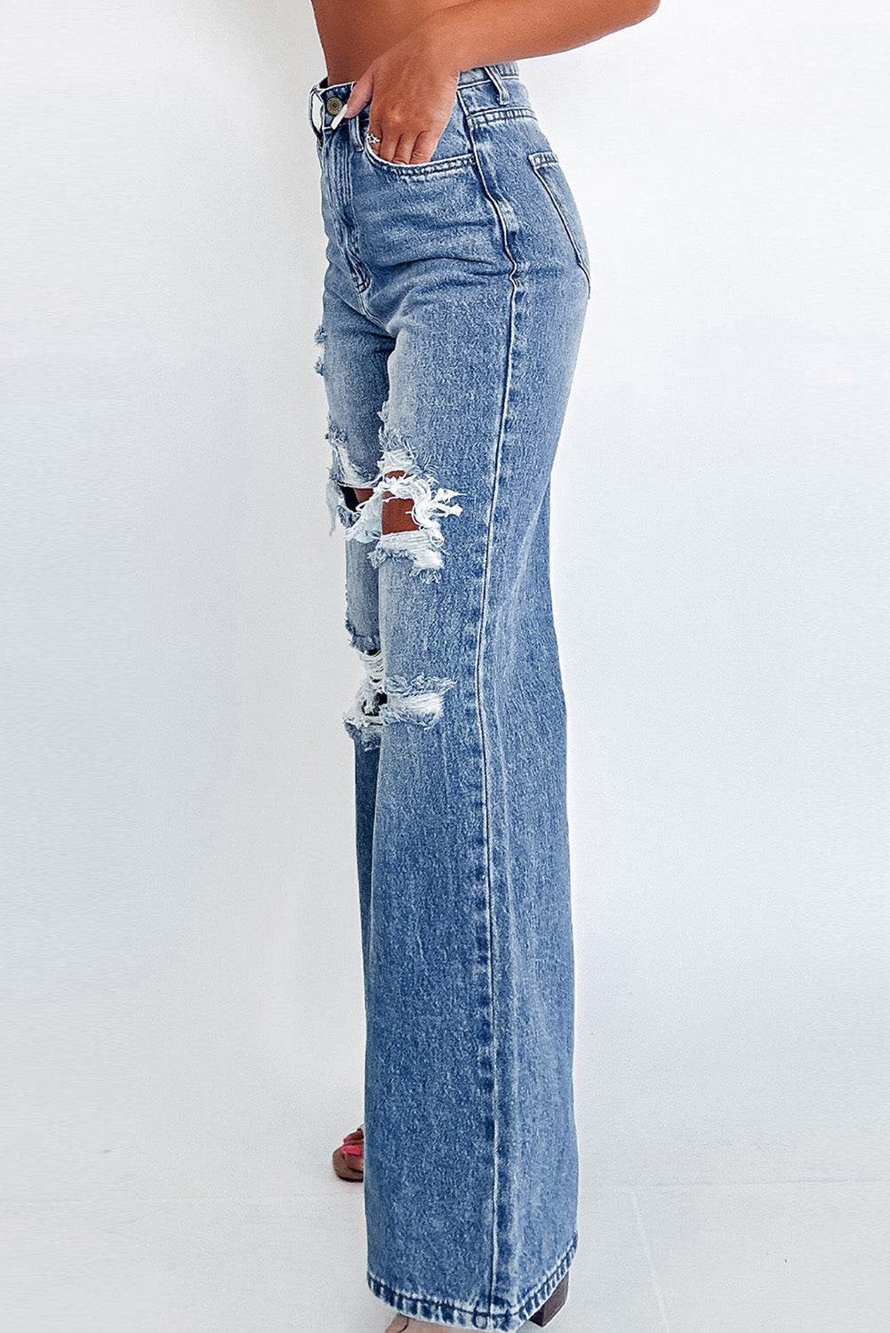 Women's Blue Acid Wash Distressed Wide Leg High Waist Jeans