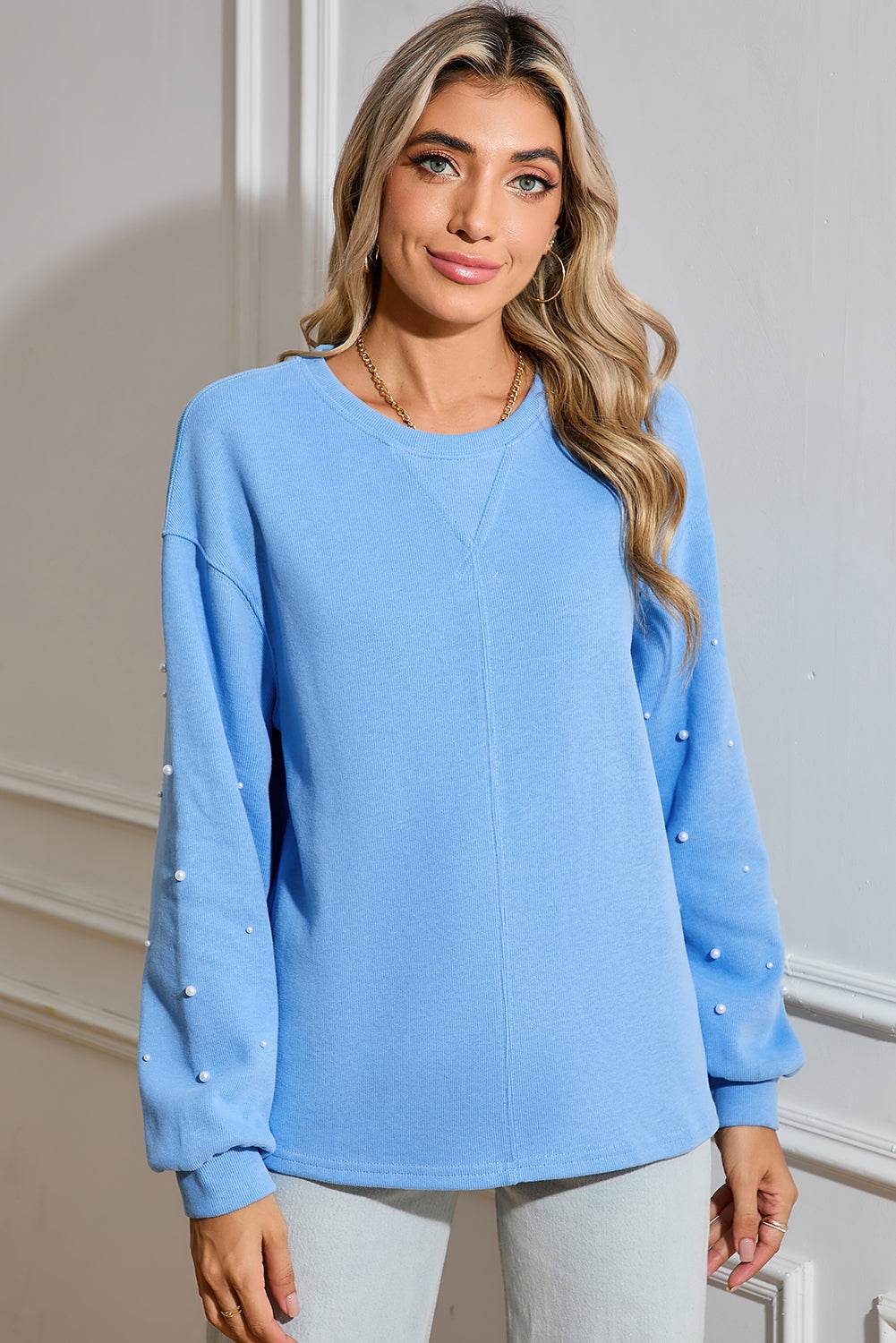 Stylish Myosotis Pearl Sleeves Pullover Sweatshirt Trendy Look