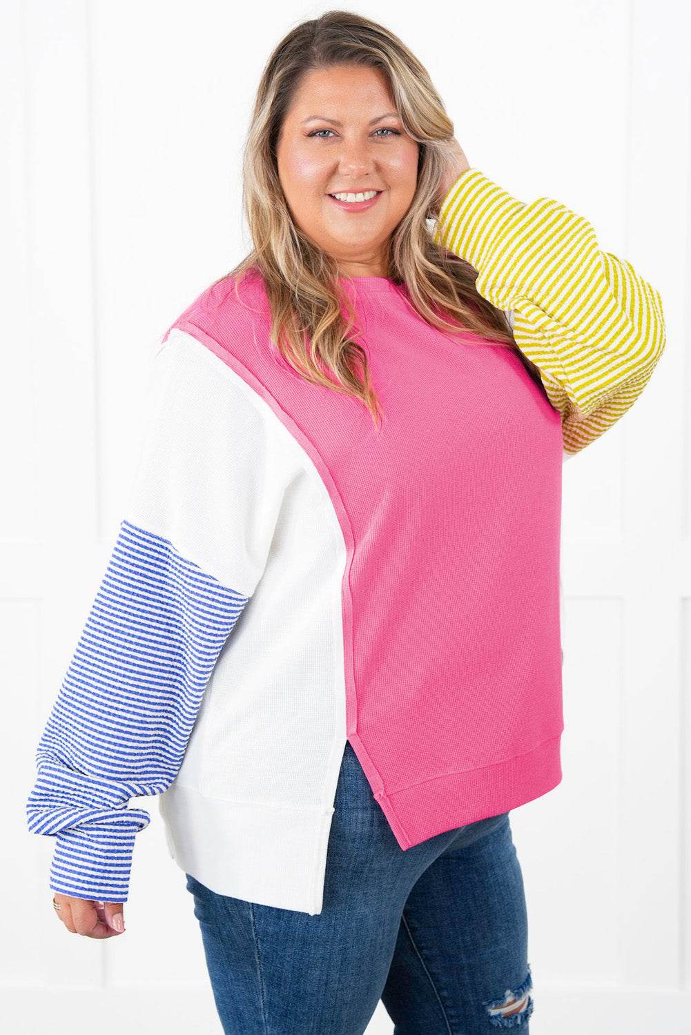 Rose Red Striped Color Block Top Chic Plus Size Long Sleeve Style