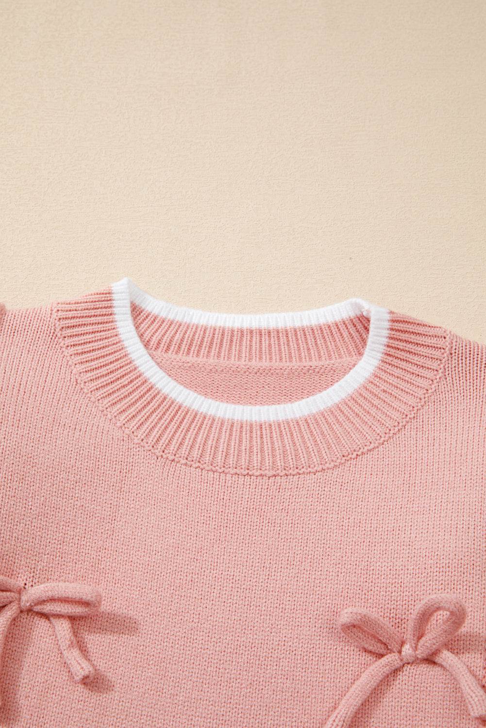 Women's Light Pink Bow Detail Contrast Trim Ruffle Sweater Outfit