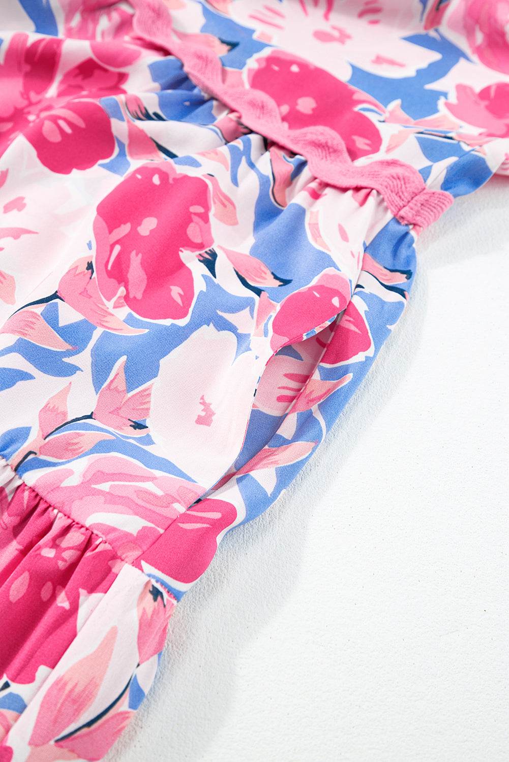 Pink Floral Printed V Notched Ric Rac Flutter Short Dress