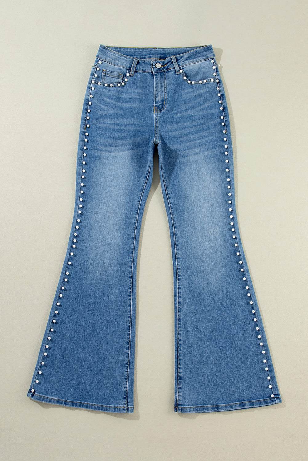 Trending Dusk Blue Flared Jeans High Waist & Pearl Details